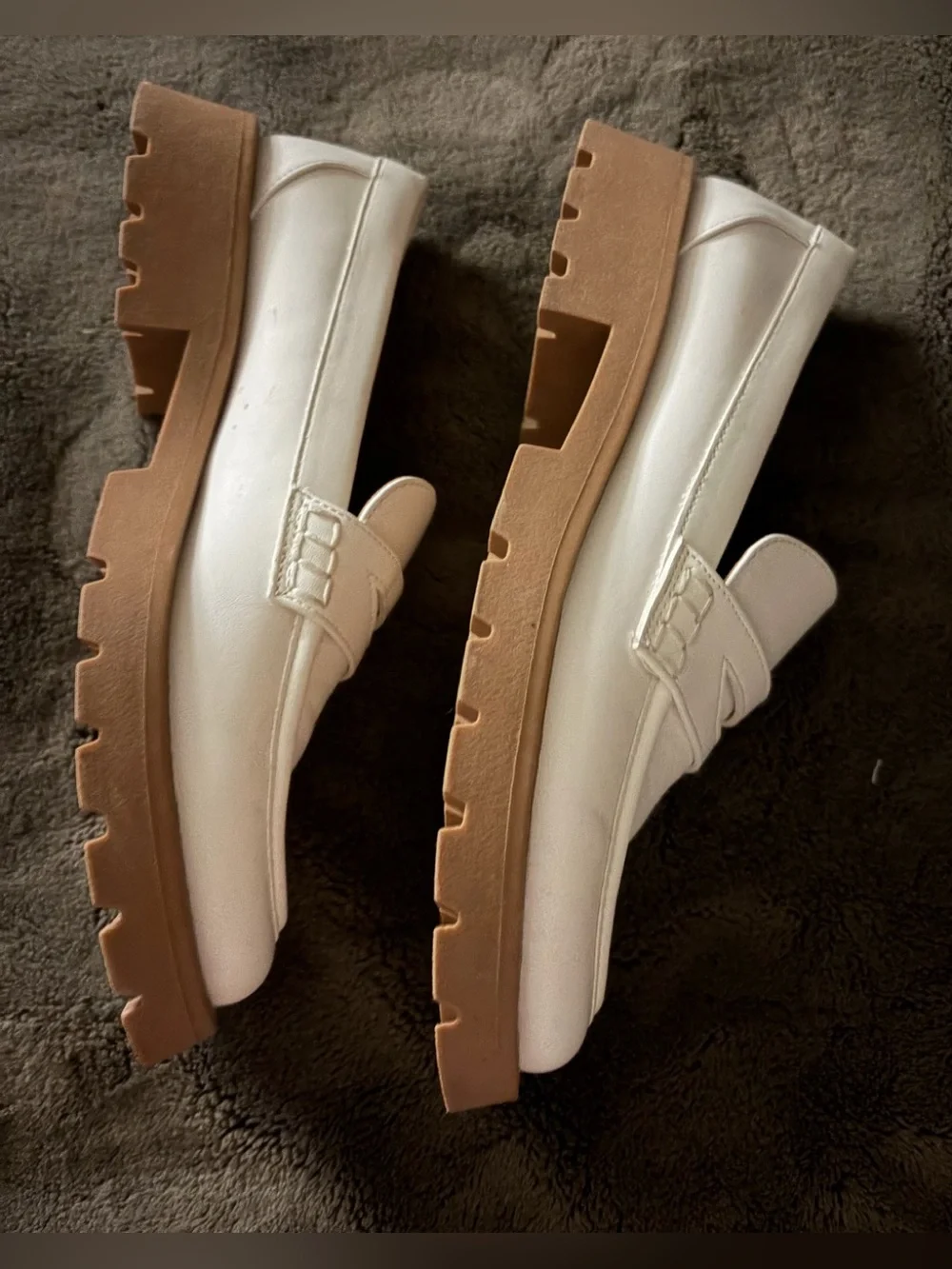 White Penny Loafers with Tan Lug Sole -